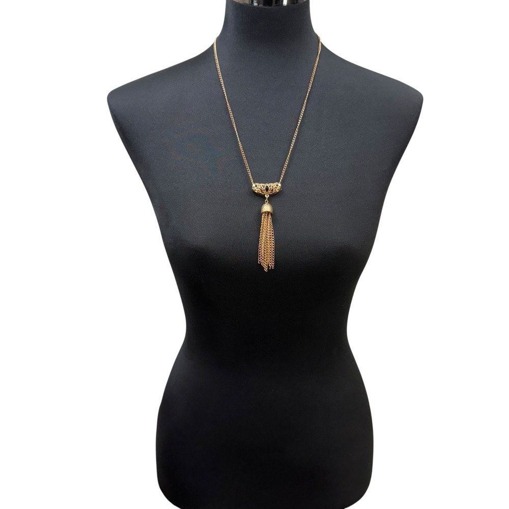 Gold Tone Fringe Tassel Pendant Necklace Chain Statement Fashion Jewelry 15 in L